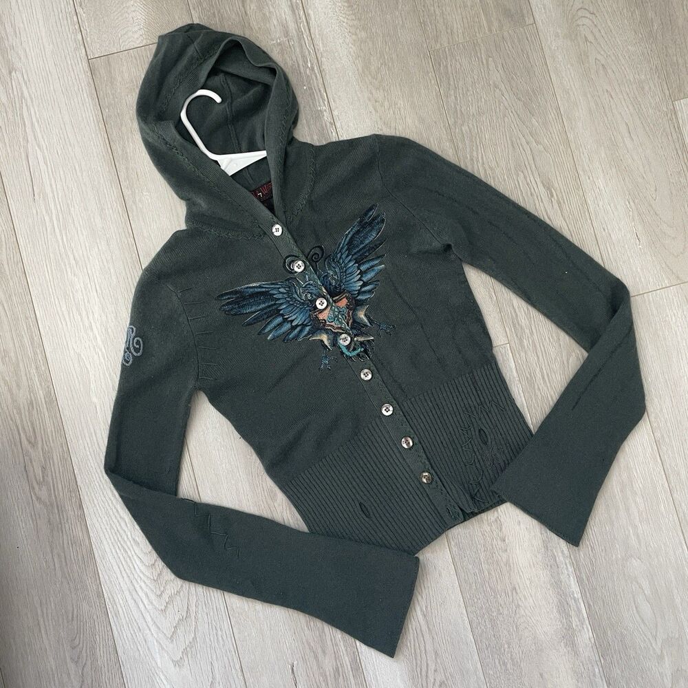 Raw 7 Hoodie cashmere winges graphic button up crop womens Green (small) y2k vtg